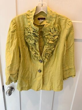 Ruffle Front Blazer Jacket Women Medium Lime Green Statement Cropped Dressy